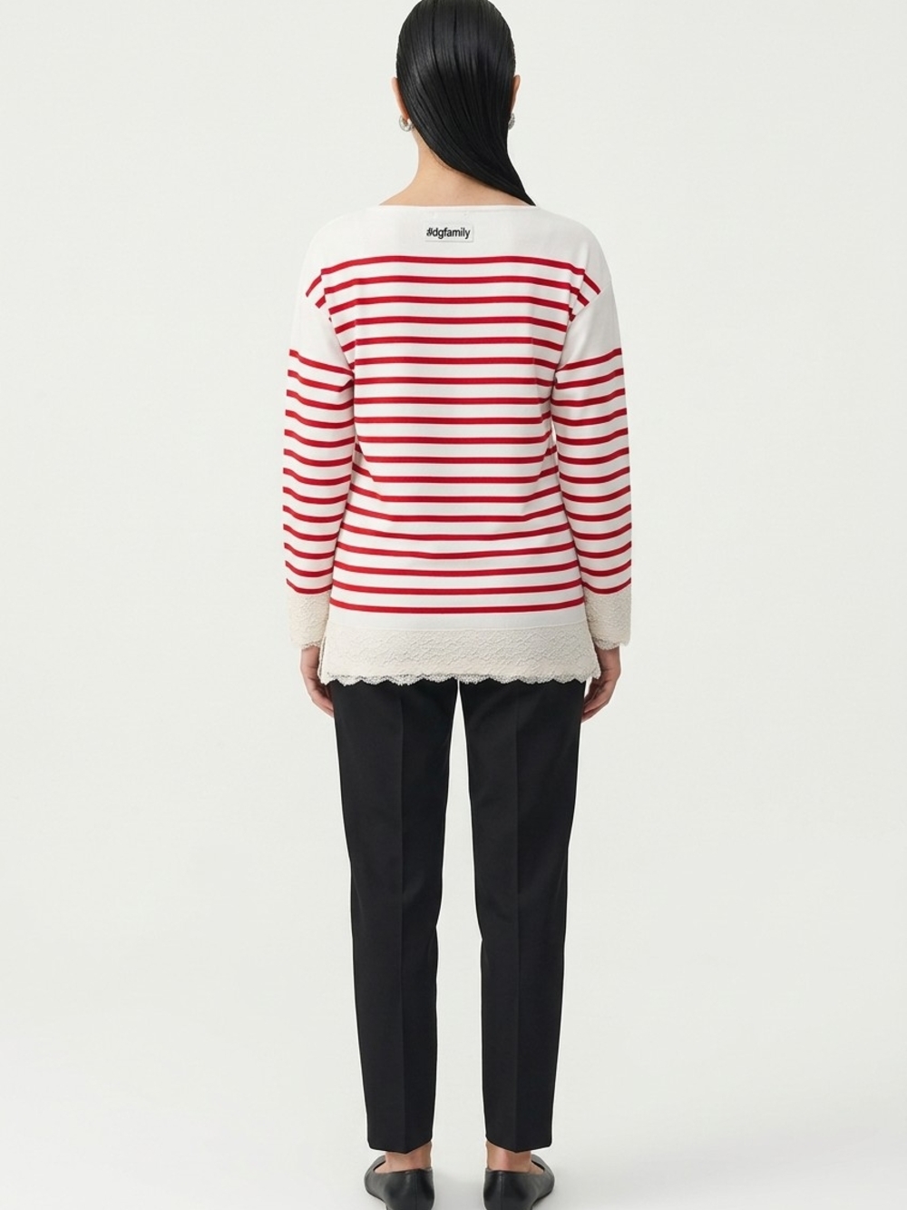 Dolce & Gabbana Red and White Striped Crewneck Sweater with Lace Hem Size 44 - Picture 2 of 6